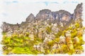 Imitation of a picture. Oil paint. Illustration. Outcrops on the mountain Demerdzhi