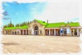 Imitation of a picture. Oil paint. Illustration. Railway station in the city of Feodosia