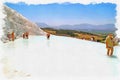 Imitation of a picture. Oil paint. Illustration. Turkey. Geothermal source of Pamukkale