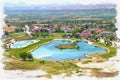 Imitation of a picture. Oil paint. Illustration. Turkey. Geothermal source of Pamukkale