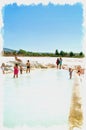 Imitation of a picture. Oil paint. Illustration. Turkey. Geothermal source of Pamukkale