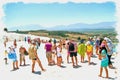 Imitation of a picture. Oil paint. Illustration. Turkey. Geothermal source of Pamukkale