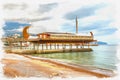 Imitation of a picture. Oil paint. Illustration. Yalta. Crimea. Restaurant on a breakwater