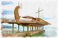 Imitation of a picture. Oil paint. Illustration. Yalta. Crimea. Restaurant on a breakwater