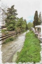 Imitation of a picture. Oil paint. Illustration. Yalta, the river Uchan-su or Vodopadnaya