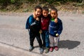 28.9.19 Imlil, Morocco: Portrait of three young boys meet in small village in Atlas Mountains. Local native Moroccan people. Royalty Free Stock Photo