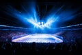 Immaculate professional hockey rink shining in bright white and intense blue spotlights