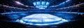 Immaculate professional hockey rink shining in bright white and intense blue spotlights