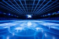 Immaculate professional hockey rink shining in bright white and intense blue spotlights