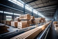 Immaculately organized warehouse with tidy and neatly stacked wooden beams