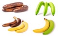 Immature, mature and overripe bananas on white background. Set or collection