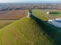 Aerial view of The Lion`s Mound with farmland around.