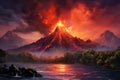 Immense Erupting volcano top view. Generate Ai