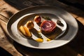 Still life of culinary artistry on weathered wooden table