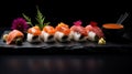 Sushi Elegance: Exquisite Sushi Platter Arrangement on Sleek Dark Background