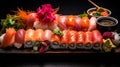 Sushi Elegance: Exquisite Sushi Platter Arrangement on Sleek Dark Background