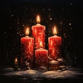 Quartet of Warmth: Four Red Candles Amidst Serene Falling Snow
