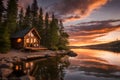 Tranquil lakeside cabin at sunset