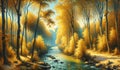 Golden Canopy: Serene River Landscape, nature painting, Autumn painting