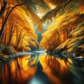 Golden Canopy: Serene River Landscape, Nature Background, Autumn