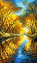 Golden Canopy: Serene River Landscape, nature painting, Autumn painting