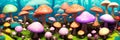 Whimsical vibrant mushroom forest. Oversized fungi of varied hues paint a surreal, otherworldly scene