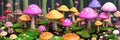 Whimsical vibrant mushroom forest. Oversized fungi of varied hues paint a surreal, otherworldly scene