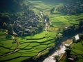 Aerial Splendor of Vibrant Terraced Rice Fields and Quaint Villages