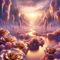 Golden Oasis: AI-Generated Metallic River Surrounded by Gold Roses and Skyscrapers