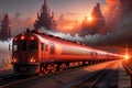 The Panoramic View of the Majestic Red Train\'s Journey amidst Clouds, Sunset, and Fantastical Castles along the Rails. AI