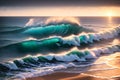 The Breathtaking Panorama of Waves Racing Towards the Shore, Accompanied by a Stunning Sunset. AI generated
