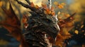 autumn dragon, made of leaves, wings are made of leaf, autumn, cinematic lighting, intricate details