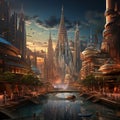 Futuristic Cityscape Blending Skyscrapers with Ancient Cultural Relics and Artifacts