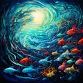 Underwater scene with swirling schools of sardines and vibrant coral reefs