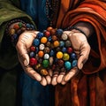 Astonishing Wallpaper: Beads of Belief - Hands holding prayer beads from various cultures Royalty Free Stock Photo