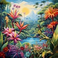 Vibrant Tropical Landscape with Exotic Plants and Flowers Royalty Free Stock Photo