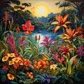 Vibrant Tropical Landscape with Exotic Plants and Flowers Royalty Free Stock Photo
