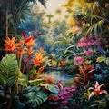Vibrant Tropical Landscape with Exotic Plants and Flowers Royalty Free Stock Photo