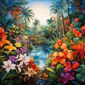 Vibrant Tropical Landscape with Exotic Plants and Flowers Royalty Free Stock Photo