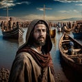Jesus by the Sea of Galilee. AI Generative.