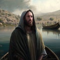Jesus by the Sea of Galilee. AI Generative.