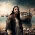 Jesus by the Sea of Galilee. AI Generative.