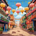 Vibrant and Culturally Diverse Street with Festival Decorations