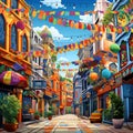 Vibrant and Culturally Diverse Street with Festival Decorations