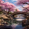 Vibrant and Serene Japanese Garden with Cherry Blossoms and Haikus Royalty Free Stock Photo