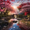 Vibrant and Serene Japanese Garden with Cherry Blossoms and Haikus Royalty Free Stock Photo