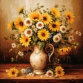 Vintage-style Painting: Charming Bouquet of Sunflowers and Wild Daisies