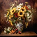 Vintage-style Painting: Charming Bouquet of Sunflowers and Wild Daisies