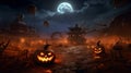 Halloween party background - a pumpkins in a field with a house and full moon