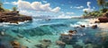 Tropical beach panorama. Seascape with palm trees and rocks. Ai generated Royalty Free Stock Photo